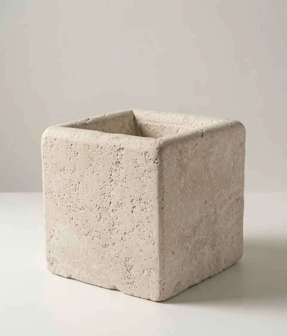 Pot cube en travertin adouci de 20 centimètres, sur fond studio