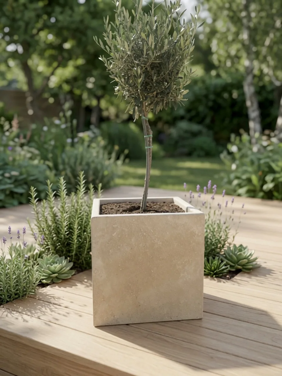 Pot en travertin en situation sur une terrasse de jardin